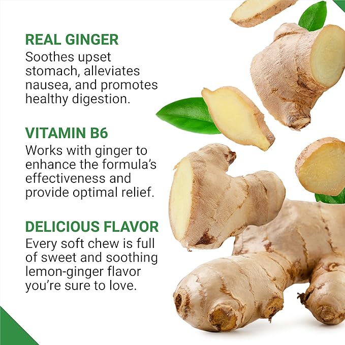 FORCE FACTOR Gentle Ginger Chews for Nausea Relief, Motion Sickness, and Morning Sickness, Ginger Supplement with Vitamin B6 for Digestive Support, Non-GMO, Honey Lemon Ginger Flavor, 60 Soft Chews