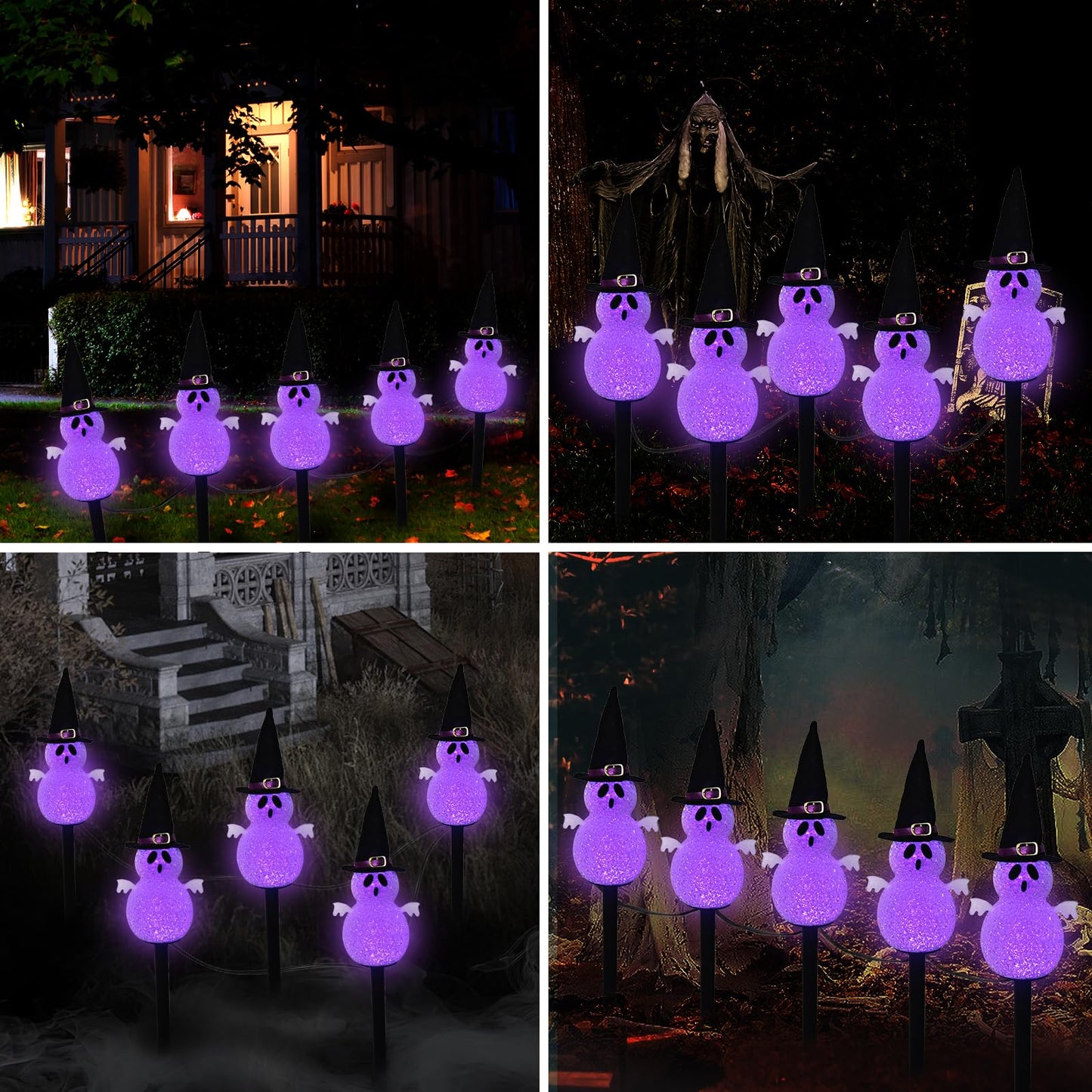 Solar Halloween Pathway Lights Outdoor Decorations 5 Pack Ghost Garden Stake Lights  Waterproof Led Walkway Lights For Outside Patio Yard Halloween Decor (Purple Ghost)