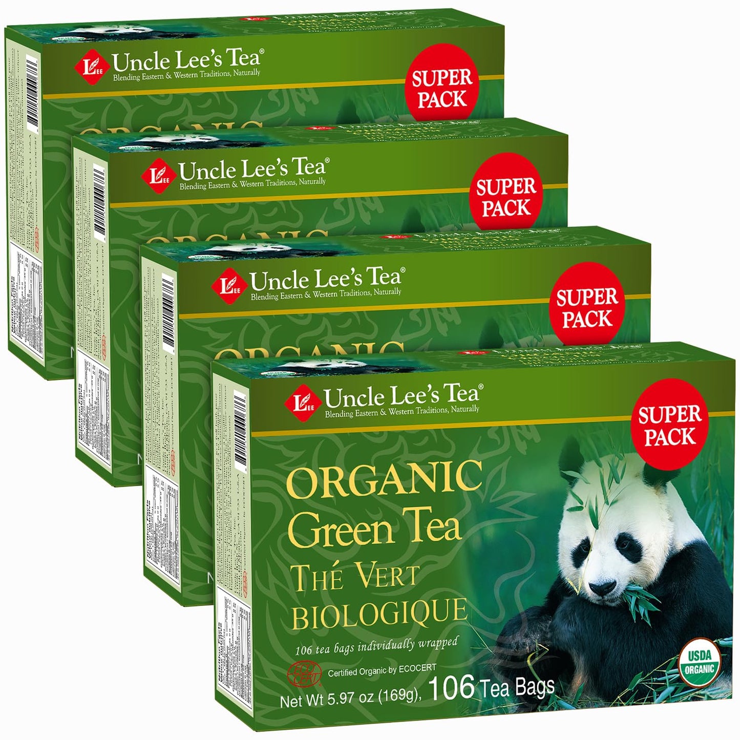 Uncle Lee s Organic Green Tea Bags 4-Pack  106-Count Super Packs - Bright & Refreshing  Lightly Caffeinated Bulk Tea for Home  Office  Camping