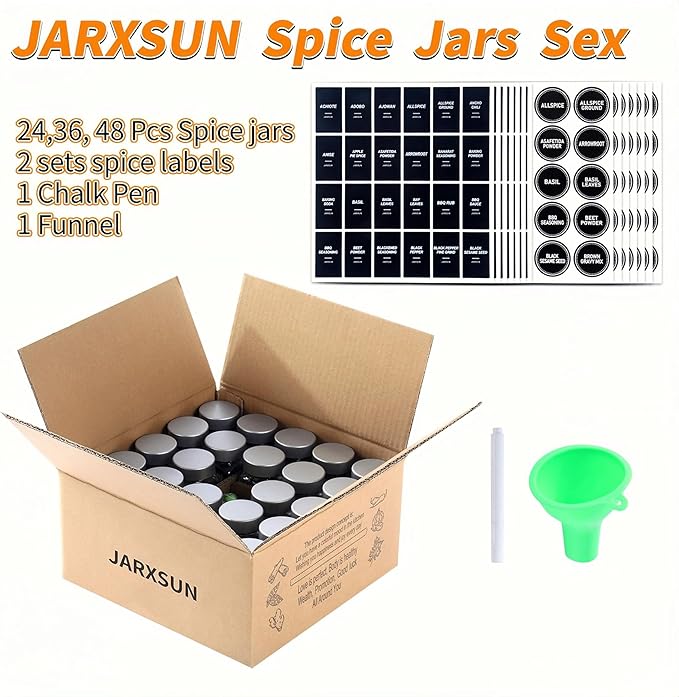 24 Glass Storage Jars- Spice Jars with Label-4oz Spice Containers with Shaker Lids and Silvery Lids,3 Sets of Spice Labels for Spice Rack