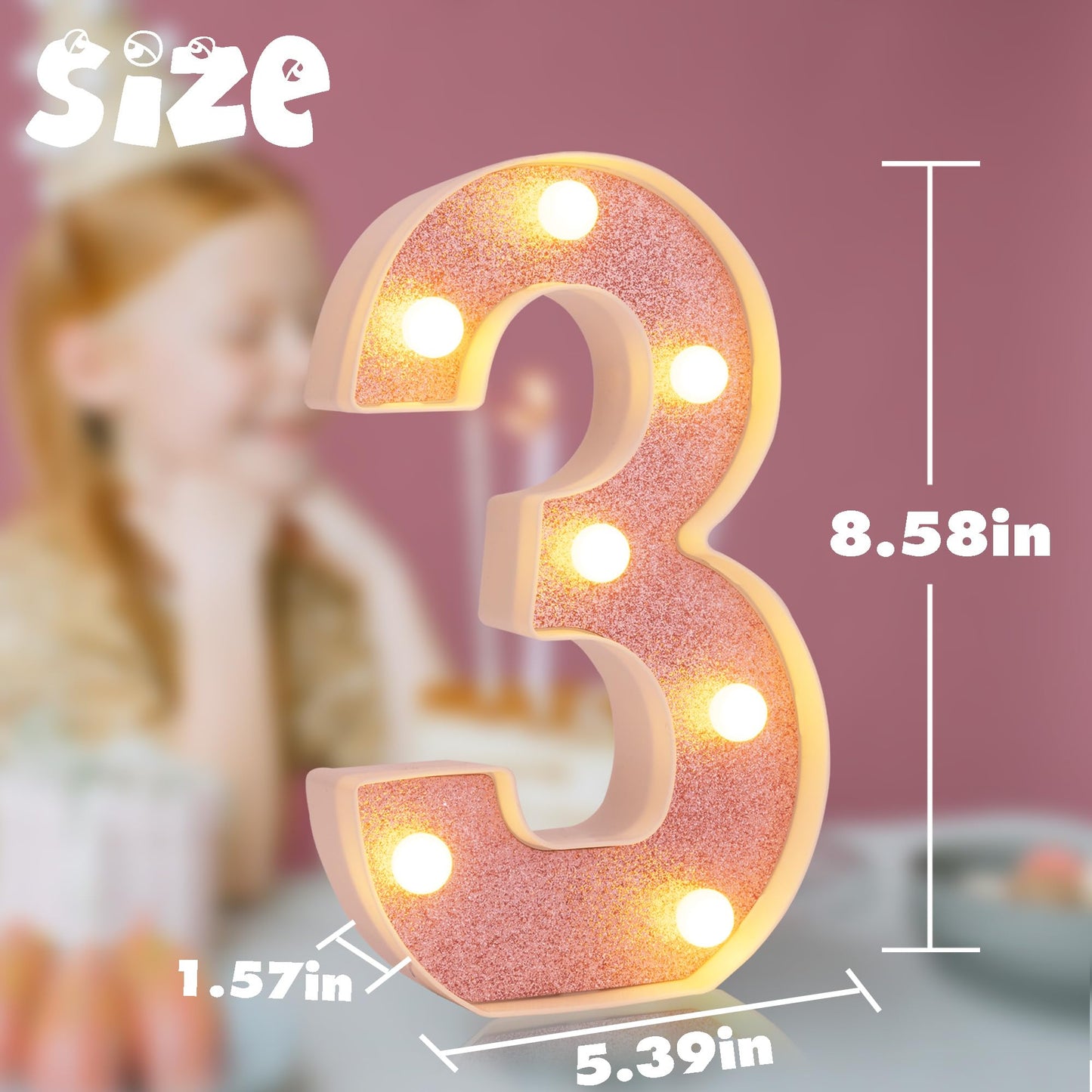 DyingSwan LED Marquee Number Light, 8.58 Inch, Pink Glitter, Battery Powered, Table Decor, Number 3