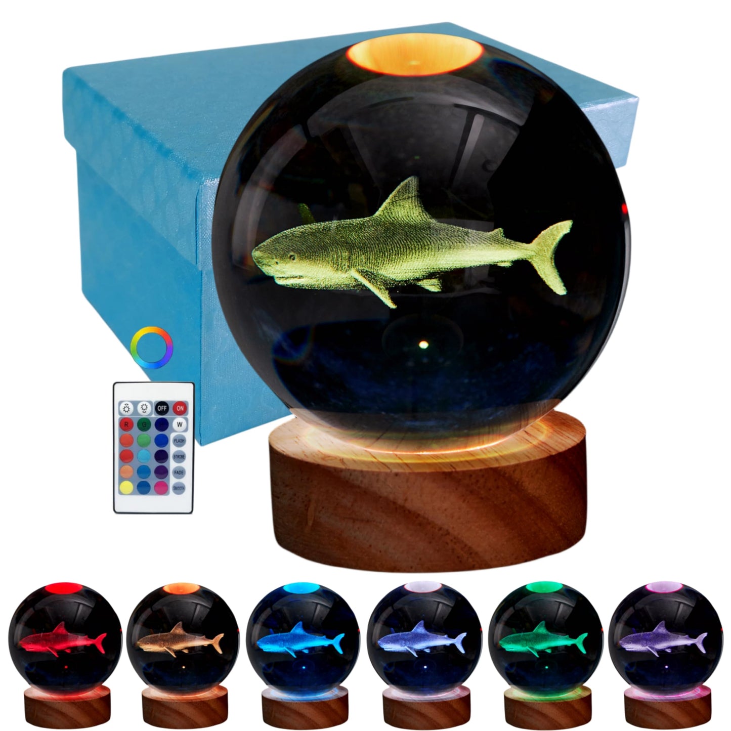 DIGFPWT Shark Crystal Ball Night Light, 3.15 Inch 3D LED Lamp, 16 Colors with Remote, Gift Box Packaging