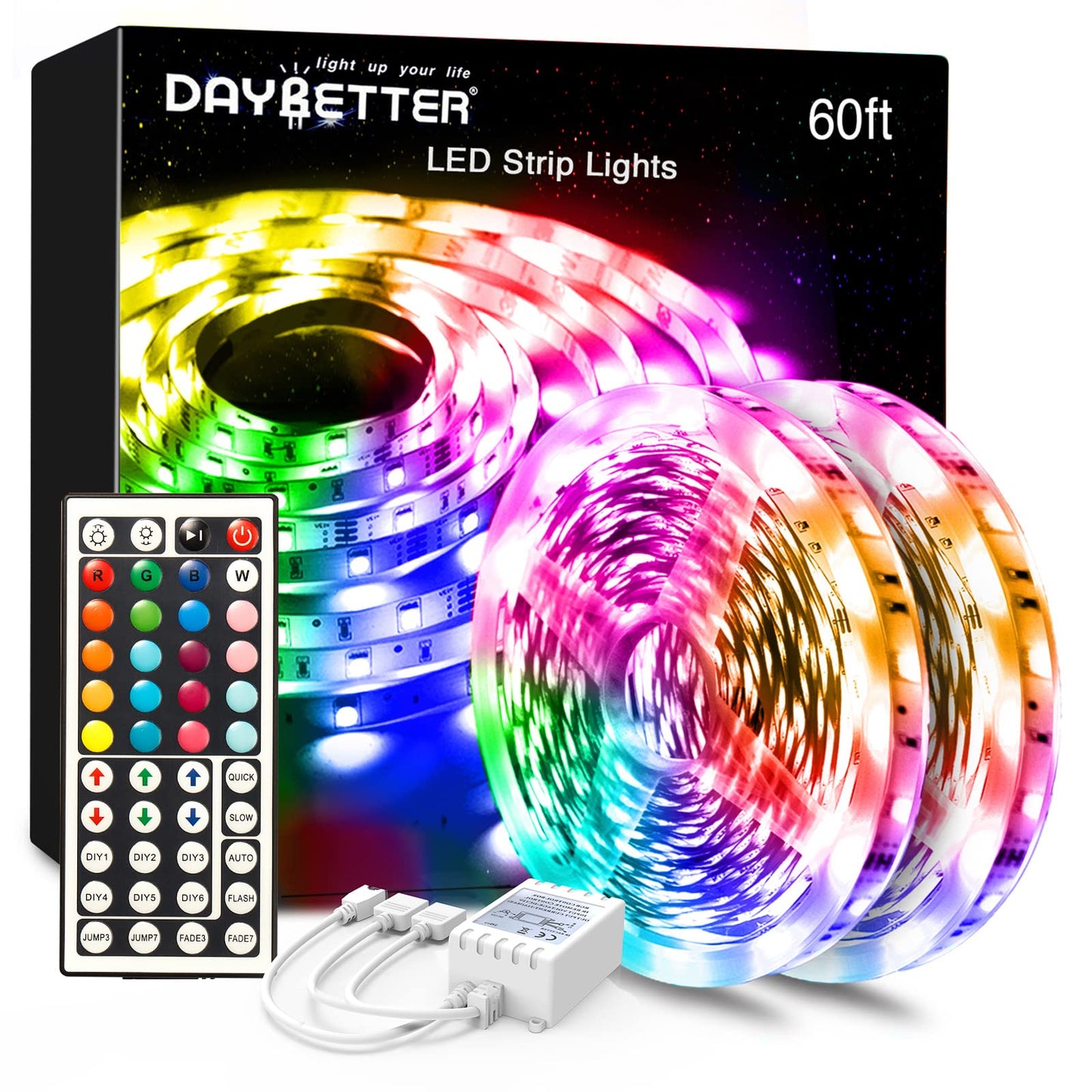 DAYBETTER LED Strip Lights, 60ft Multicolor, 2 Rolls of 30ft, Remote Controller, Plastic, Model FLSL50329RGBDBUS