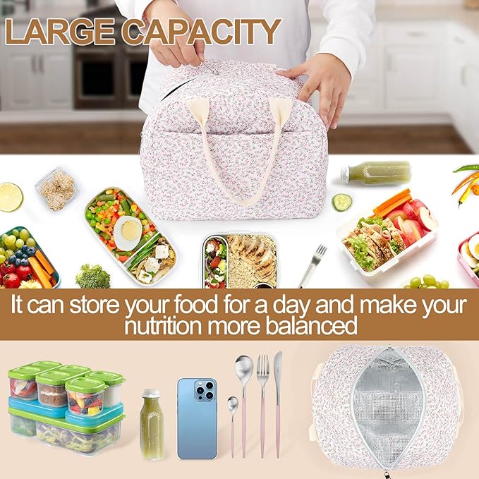 Cotton Quilted Insulated Lunch Bag, Cute Quilted Floral Tote Bags Reusable Lunch Box Coquette Aesthetic Large Capacity Insulated Cooler for Women Work Travel Picnic (Pink)
