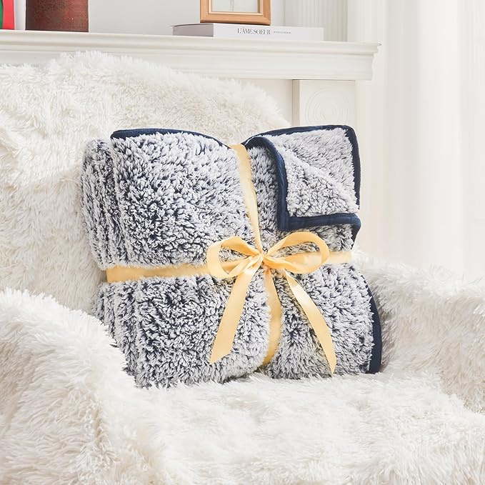 EMME Fuzzy Blanket Soft Fleece Throw Blankets for Women, Fluffy Sherpa Throws(Plush Navy,108"x90")
