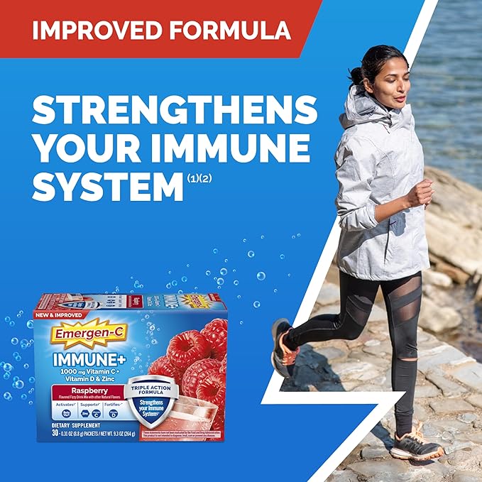 Emergen-C Immune+ Triple Action Immune Support Powder, BetaVia (R), 1000mg Vitamin C, B Vitamins, Vitamin D and Antioxidants, Raspberry – 30 Count