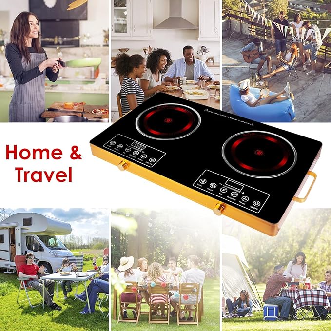 Double Burner Infrared Electric Cooktop, 3500W Ceramic Hot Plates for Countertop, 11 Power Levels 0-4H Timer, LED Display, Portable Handle, Portable Stove for Home RV Camping(Wood)