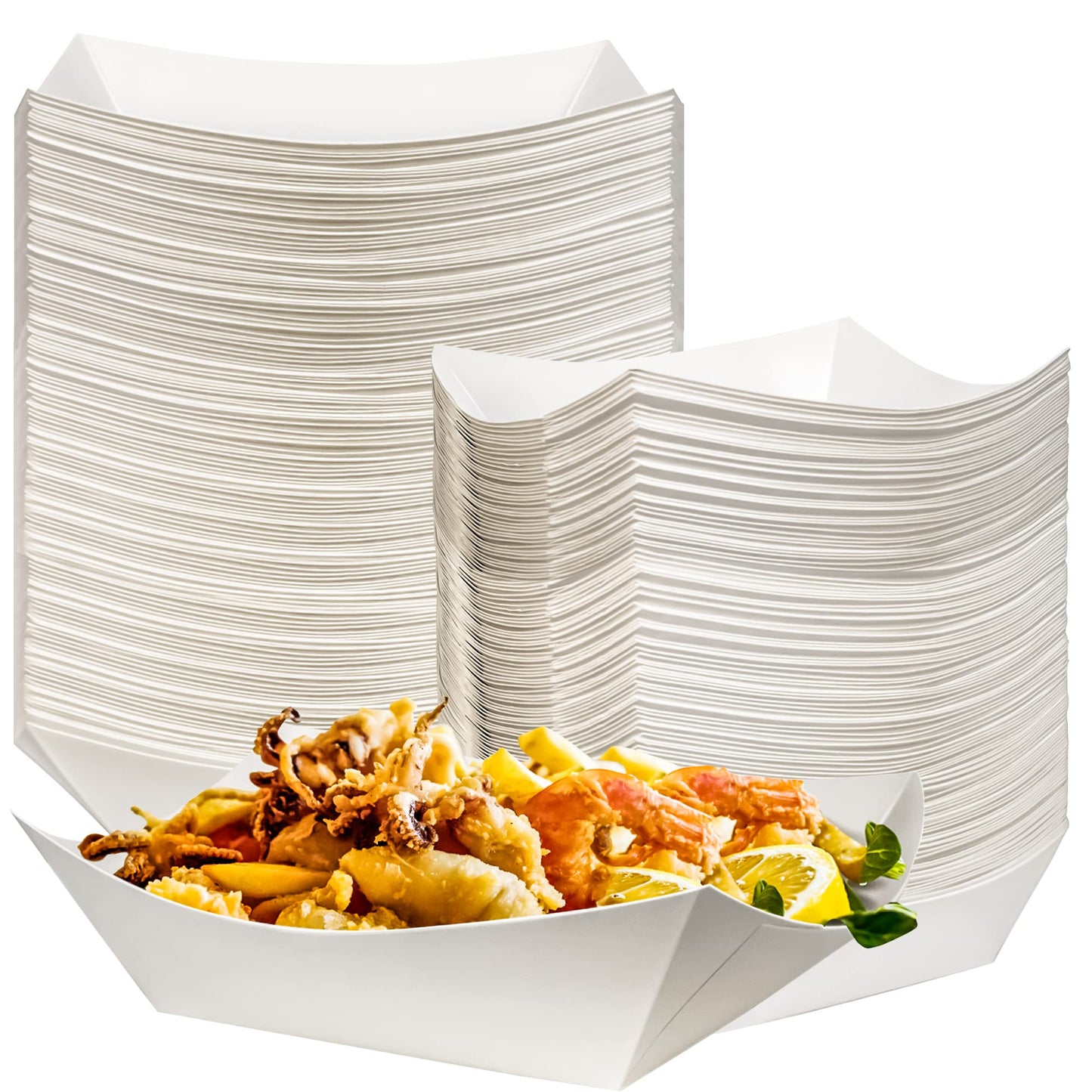 MotBach 100 Pack 2lb Kraft Paper Food Trays, Waterproof Heavy-Duty Paper Food Boats Disposable Serving Baskets Trays for Fries Sandwiches Burgers Hot Dogs Taco BBQ Popcorn Picnic Wedding Party (White)