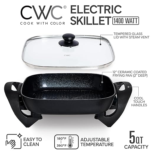 COOK WITH COLOR Electric Skillet - 12" x 12" Ceramic Nonstick Pan, PFAS-Free, 1400W, Tempered Glass Lid, Variable Temperature, Removable Heating Probe, Cool-Touch Handles, Black