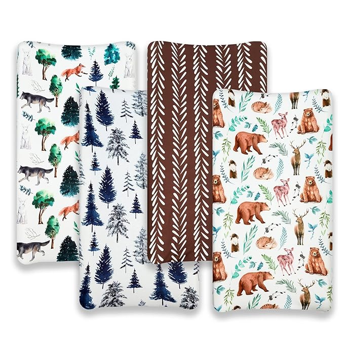 4 Pack Changing Pad Covers Woodland Forest Animals Wood Neutral Unisex Fitted Baby Changing Pad Cover Set for Baby Boys or Girls