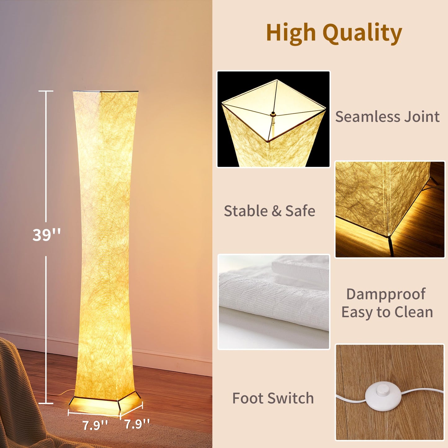 Chiphy Dimmable Floor Lamp, 52 Tall, Alloy Steel, 3-Level Brightness, White Fabric Shade, Model Sf211-107(A)