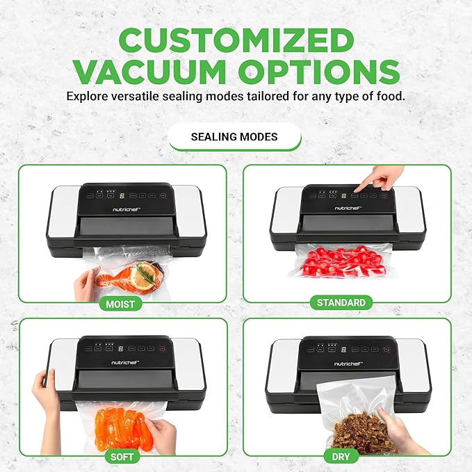 Nutrichef Automatic Food Vacuum Sealer with Double Sealing Function, Electric Air Sealing System for Dry, Liquid & Moist Foods, Reduces Food Waste, Preserve Freshness of Proteins, Fruits, Vegetables