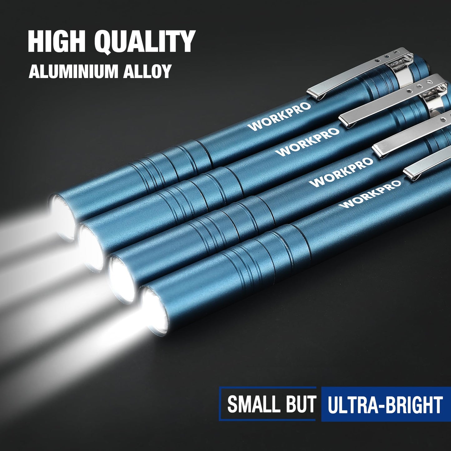 Workpro Led Pen Light - Aluminum Pocket Flashlight With Clip, Blue, Model W139011, 4-Pack, 2Aaa Batteries Included
