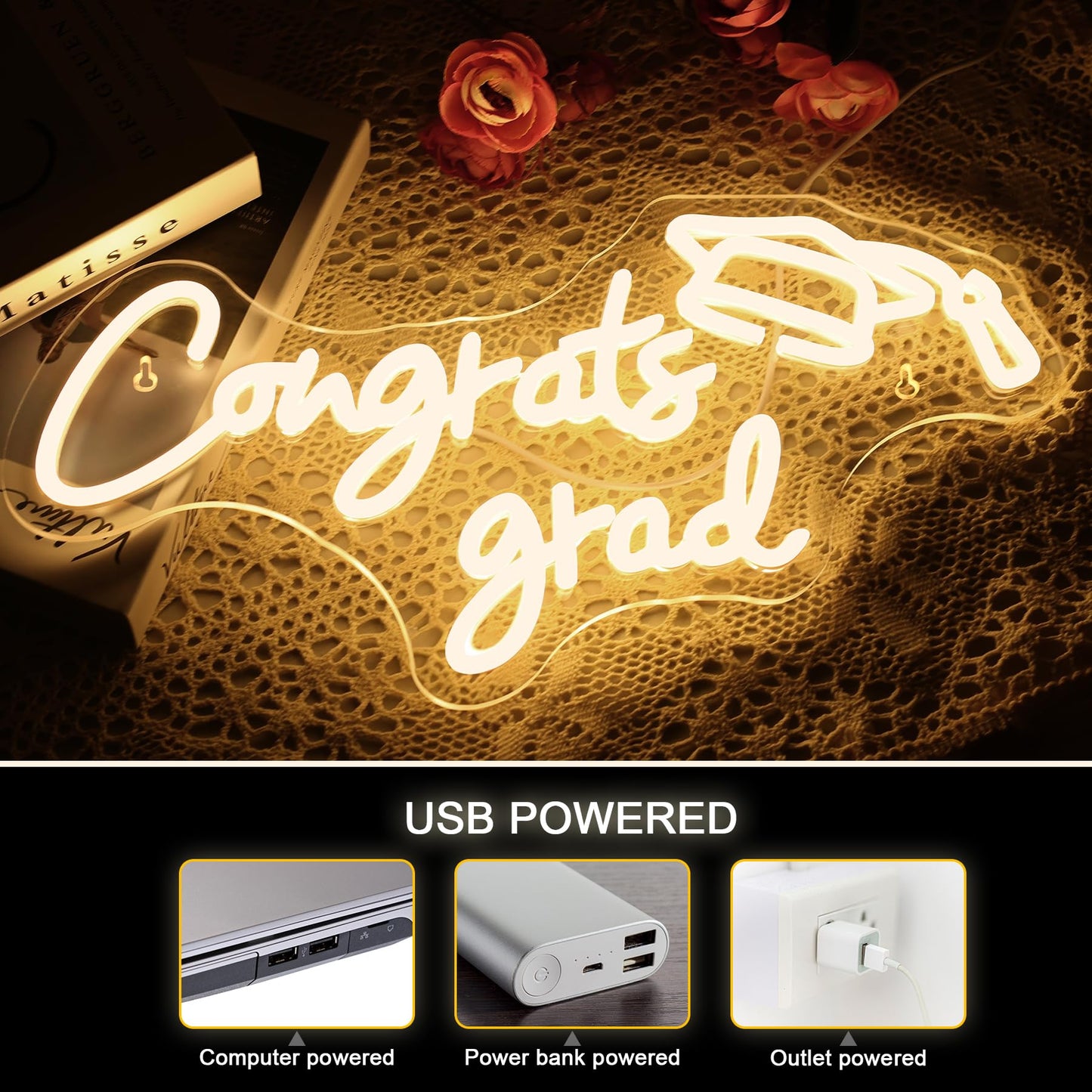 Nosun Congrats Grad Neon Sign Grad Neon Signs For Wall Decor Warm White Led Signs For Classmates Friends Family Usb Neon Word Sign For Party Club Light Up Sign Best Gift For Graduating Friend