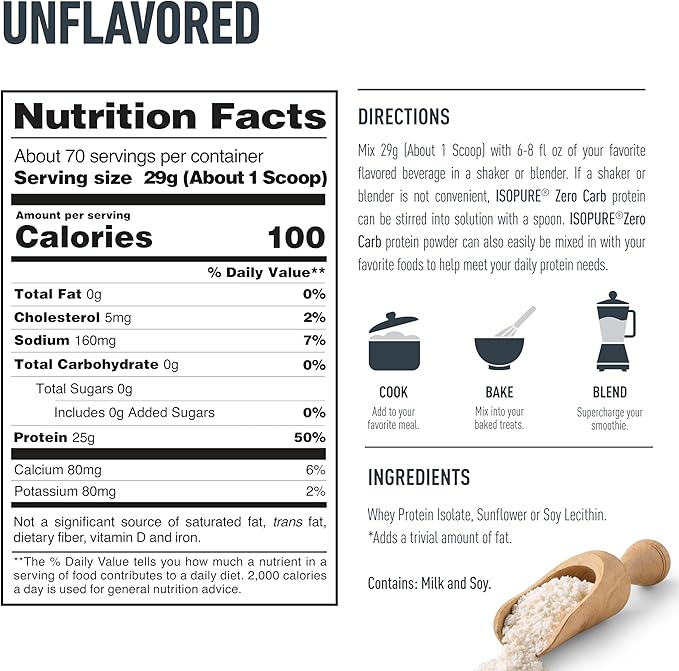 Isopure Zero Carb 100% Pure Whey Isolate Protein Powder, Lactose Free, Gluten Free, with Vitamins, Unflavored, 25g Protein Per Serving, 4.5 Lbs, 50 Servings (Packaging May Vary)