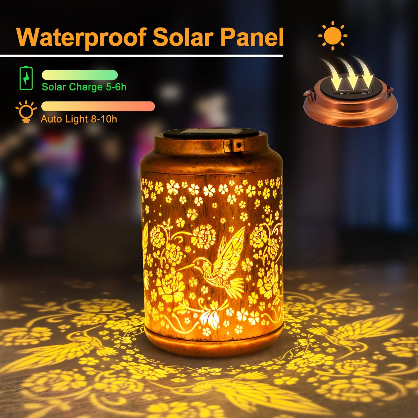 YISITEONE Hummingbird Solar Lantern, Waterproof Metal Hanging Light, Brown, Model ES04250100000, for Garden, Patio, Yard, Front Porch