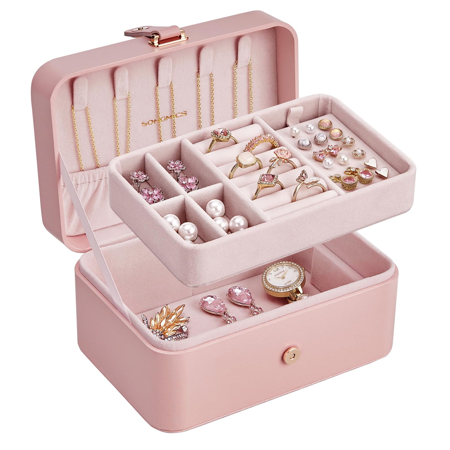SONGMICS Jewelry Box, Travel Jewelry Case, 2-Layer Jewelry Holder Organizer, Portable Versatile Earring Storage, for Larger Acce