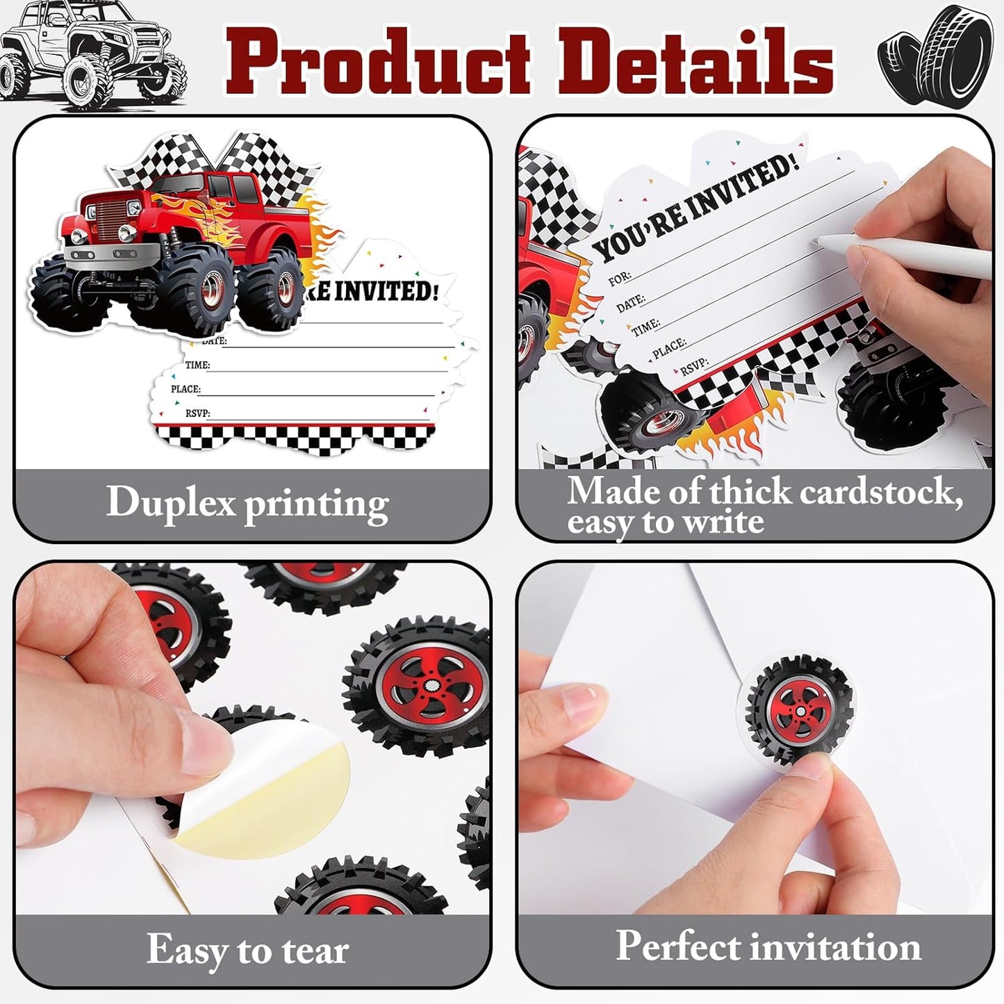 30 Sets Monster Truck Birthday Christmas Invitations with Envelopes Stickers Race Car Invitations for Boy Kids Birthday Party Supplies Decoration