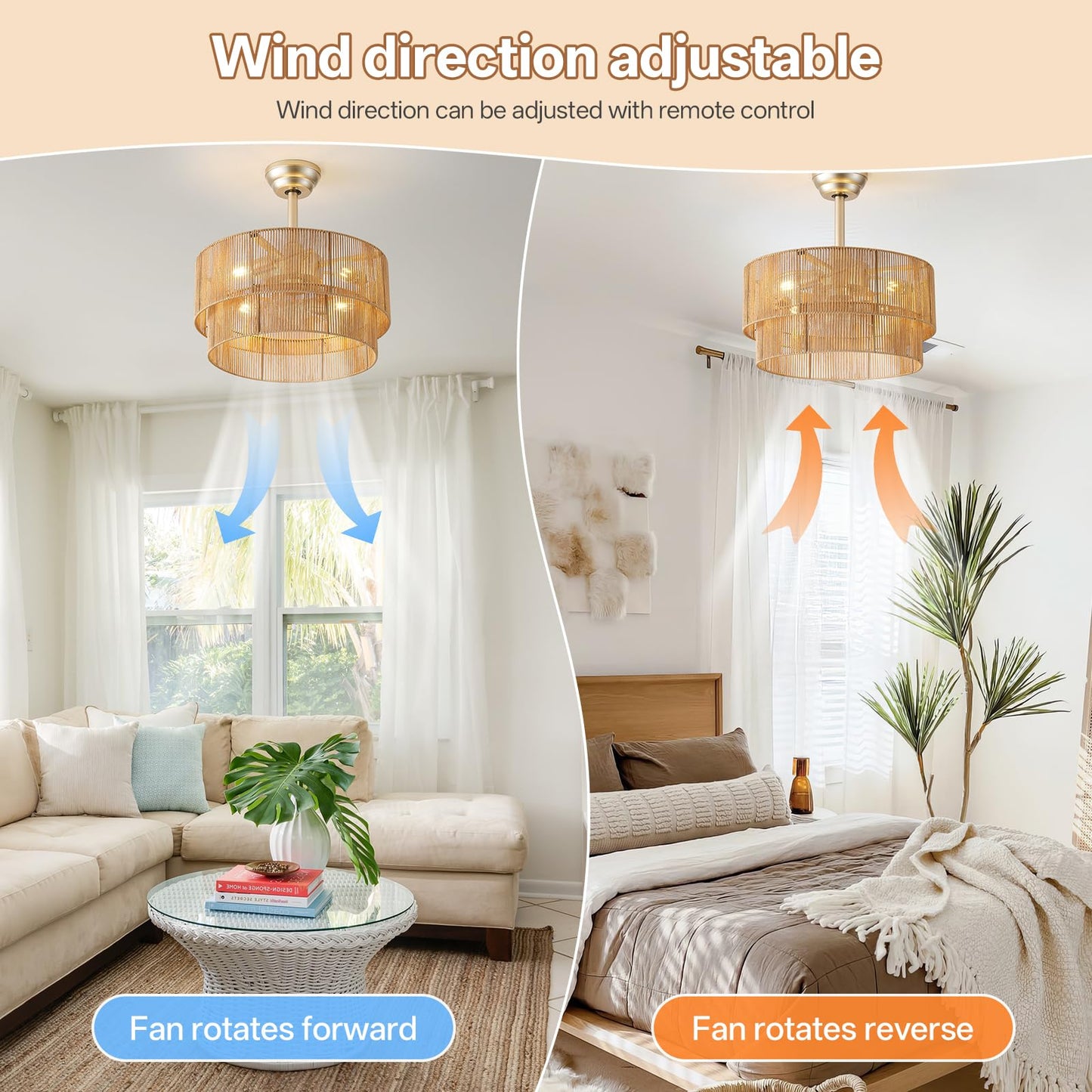 Glmthux 20in Boho Fandelier Ceiling Fan with Light, Rattan, Remote Control, 6 Speeds, Yellow