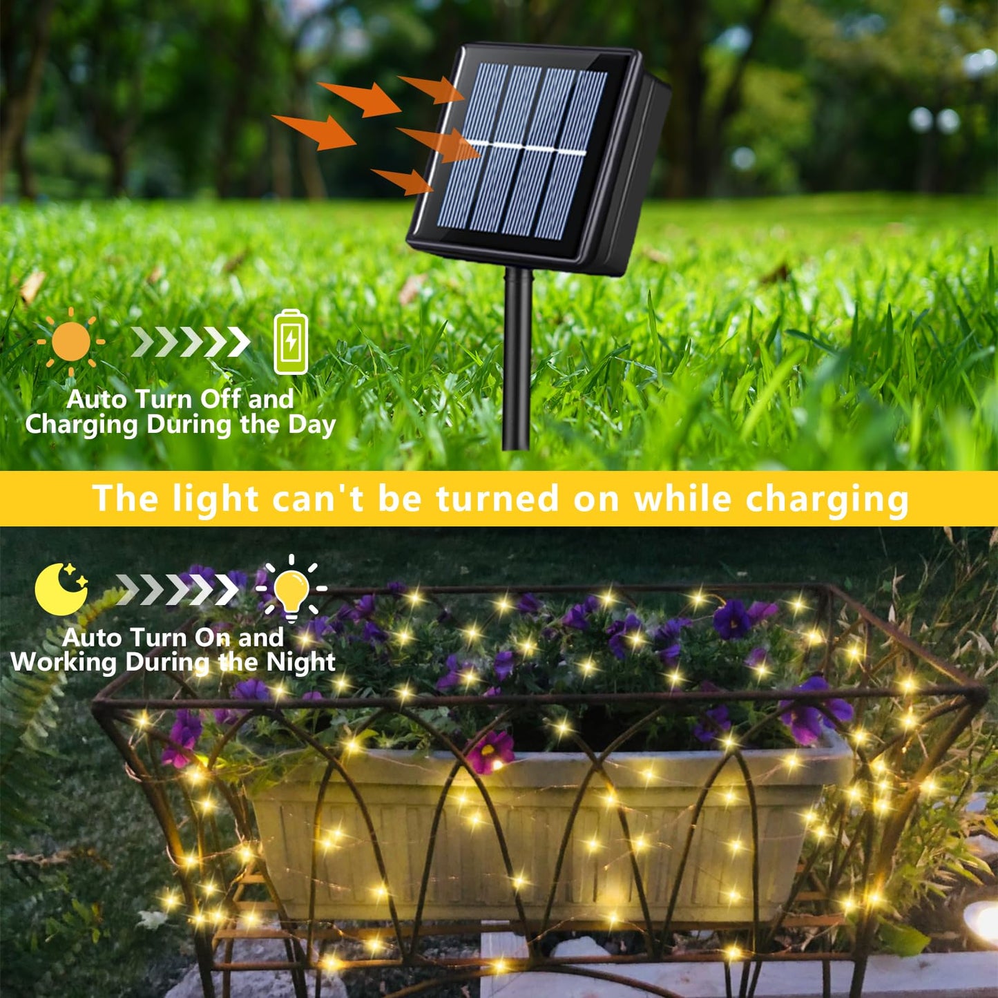 QITONG Solar Fairy Lights, 200 LED Warm White, 66ft Each, 2 Pack, Waterproof Silver Wire, 8 Modes