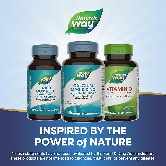 Nature's Way Calcium Magnesium & Zinc Mineral Complex, Supports Bone Health & Muscle Function*, Immune Support*, 765 mg per 3-Capsule Serving, Gluten Free, 100 Capsules (Packaging May Vary) - 2 Pack