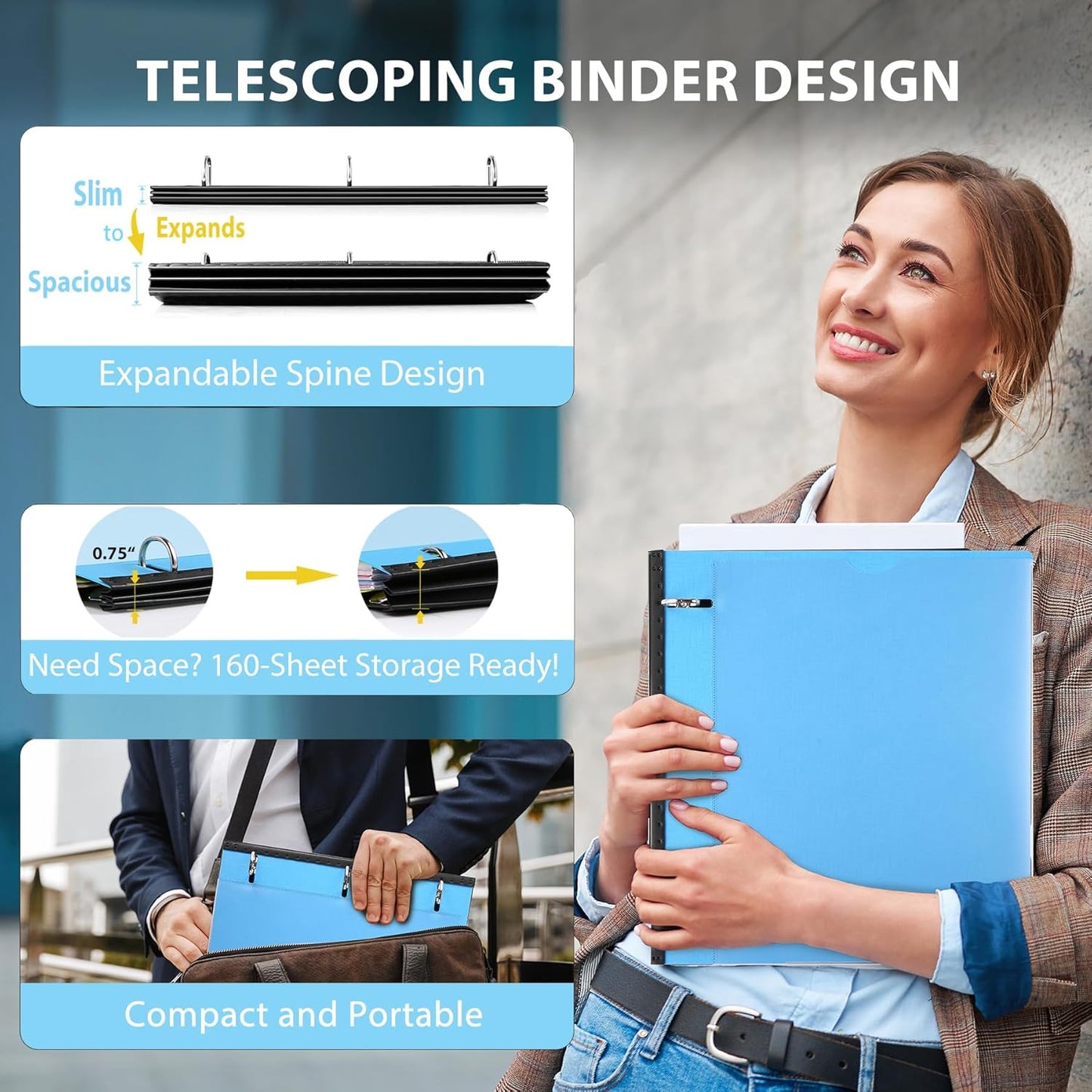 WOT I 4-Pack Telescoping 3 Ring Binder(0.75"), Expandable Flexible Binder - Patented Design for Easy Portability, Holds 160 Sheets, 4 Bright Colors, Perfect for School, Office&Home Organization