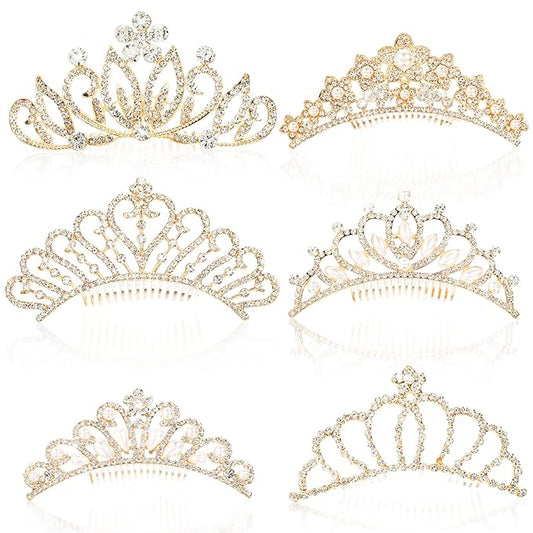 Lyellfe 6 Pack Tiara Crown, Crystal Rhinestone Headbands with Comb, Gold Tiaras and Crowns Hair Accessories for Birthday P...
