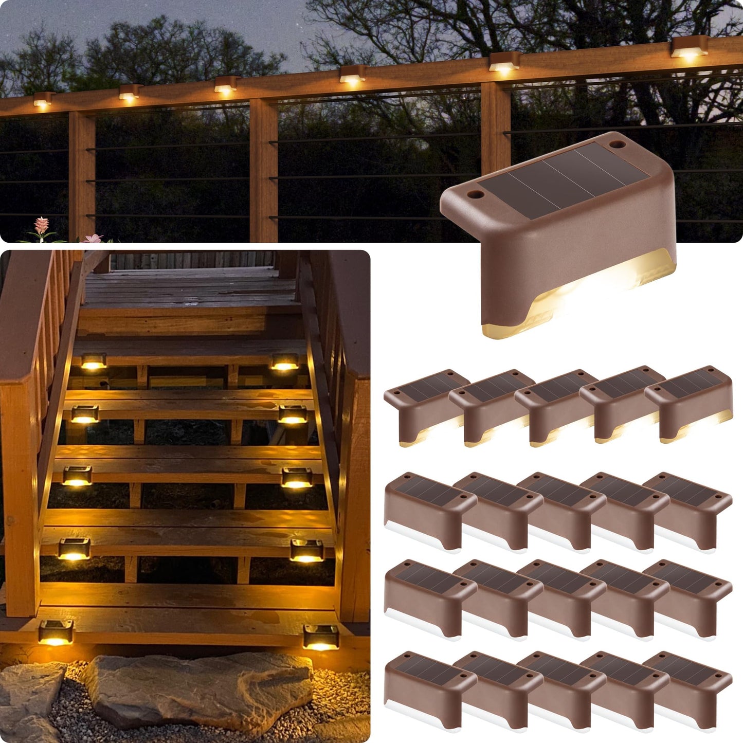 Gigalumi 20 Pack Led Solar Deck Lights - Waterproof Warm White For Outdoor Stairs, Step, Fence, Railing, Yard And Patio