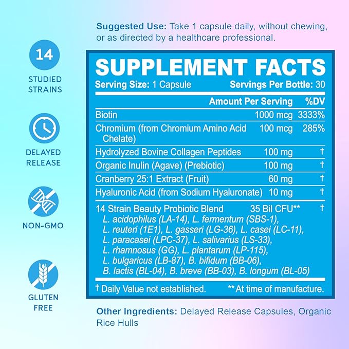 BioEmblem Beauty Probiotics for Women, 35 Billion CFU 14 Strains with Biotin, Collagen, Prebiotics for Digestive Health, Hair Skin and Nails, Vaginal Probiotics Supplement, Shelf Stable, 90 Caps