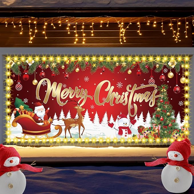 YLOLUL Led Christmas Garage Door Cover 6 x 13 ft Large Hanging Backdrop Door Banner with Light Merry Christmas Garage Wall...