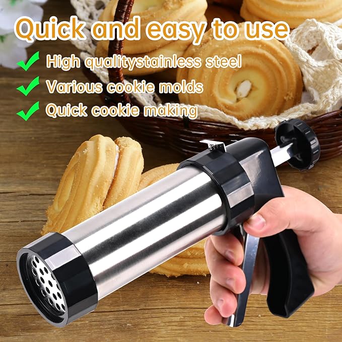Stainless Steel Cookies Press,Cookie Press Gun Kit with 13 Cookie Discs and 8 Piping Tips for DIY Christmas Cookies Maker