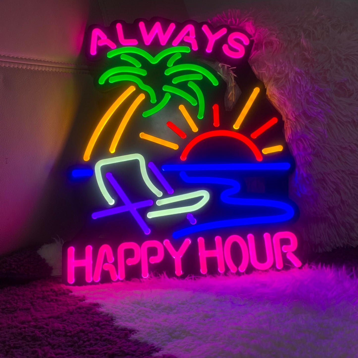 Jigsaw Puzzle 40Pcs Happy Hour Neon Light Sign  Man Cave Men Led Light  Home Wall Signs Gifts  Decorations  Palm Tree  Beach  Sun  Tiki Bar  Garage  Accessories  Cart  Party  Bedroom  Led Sign  Lights Sailboat