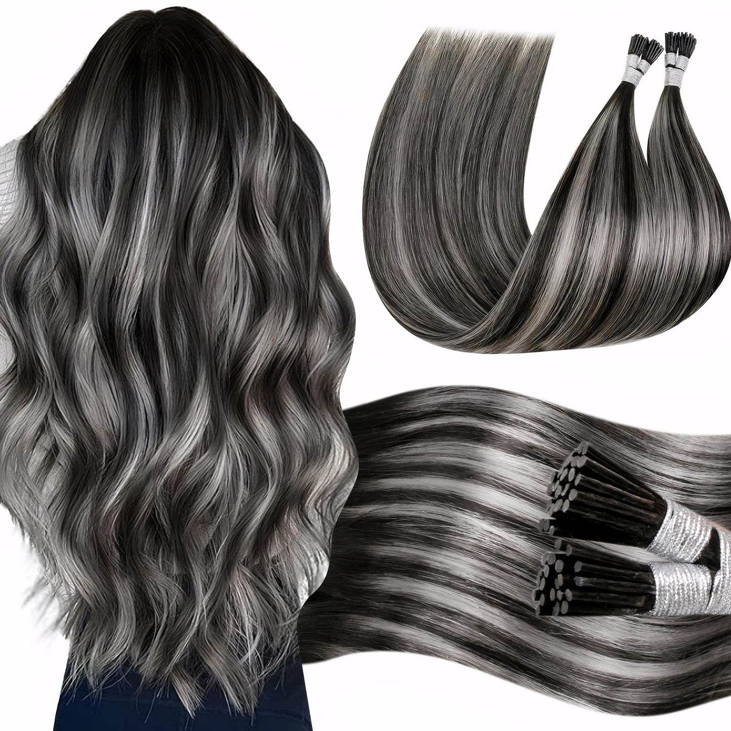 LaaVoo I Tip Hair Extensions Human Hair Balayage Black Mix Silver Grey Itip Human Hair Extensions Black I Tips Hair Extensions R
