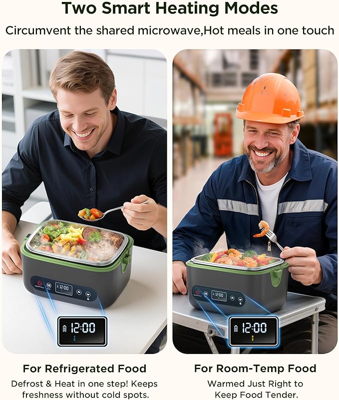Cordless Electric Lunch Box for Adults：20000mAh Rechargeable Heated Lunch Box with Self Heating & 1.2L Portable Food Warmer for Work Travel Car(Gray-Green)