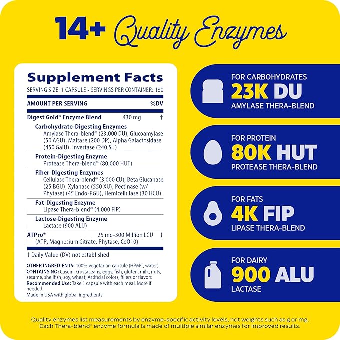 Enzymedica Digest Gold + ATPro, Maximum Strength Enzyme Formula, Prevents Bloating and Gas, 14 Key Enzymes Including Amylase, Protease, Lipase and Lactase, 180 Capsules