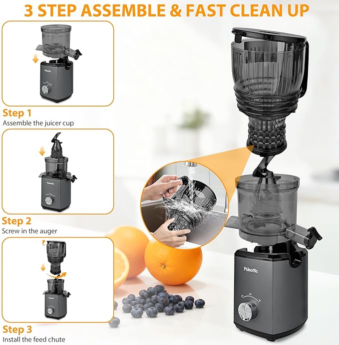 Pukomc Cold Press Juicer,5.8" Wide Feed Chute Juice Extractor Machine with 300W,Slow Masticating Juicer for Whole Vegetables & Fruits,High Juice Yield,Easy to Clean,Grey