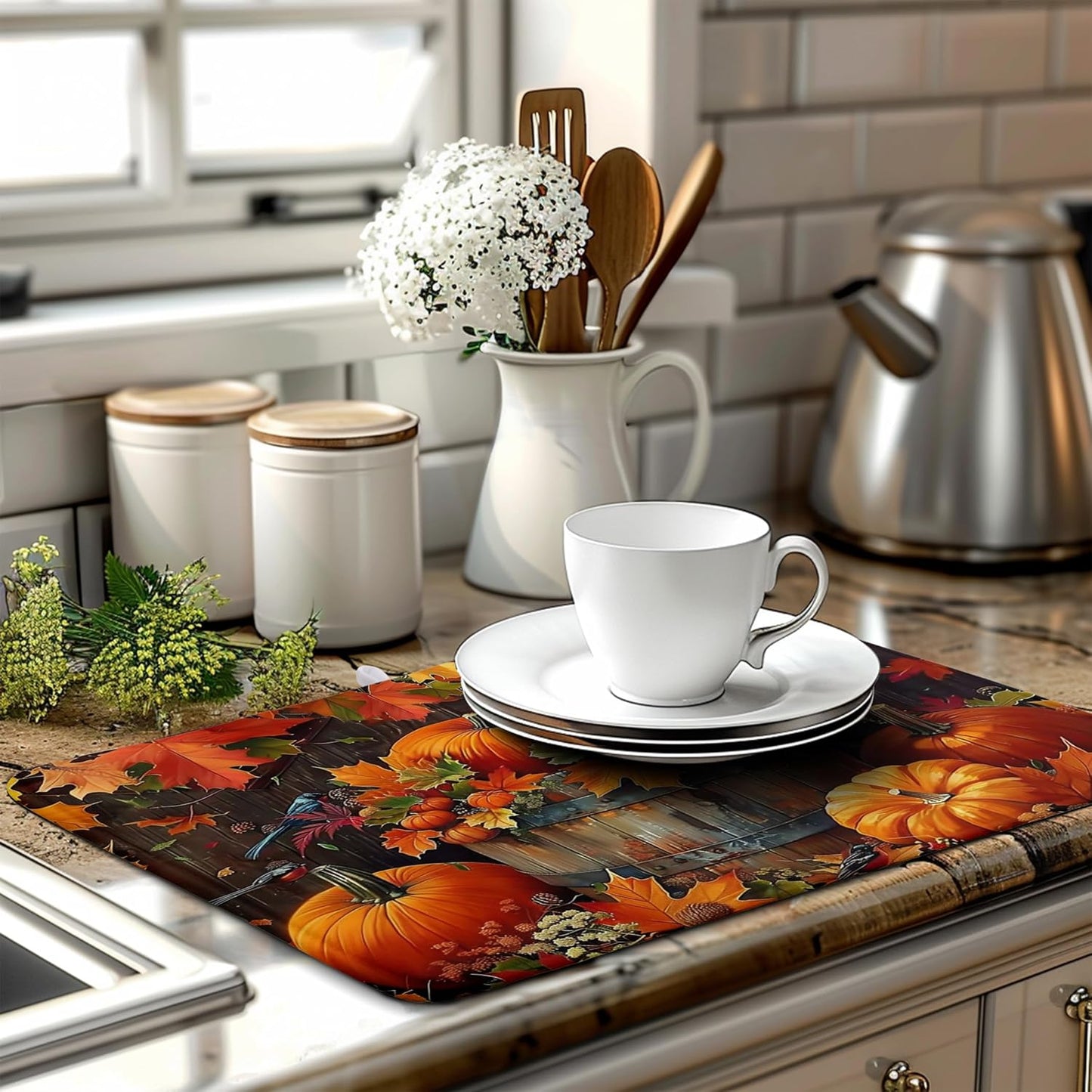 Fall Pumpkin Maple Leaf Bird Dish Drying Mat for Kitchen Counter 18x24 Inch Autumn Harvest Reversible Microfiber Drying Mats Thanksgiving Drying Pad Orange Brown Super Absorbent Dish Drainer Mats