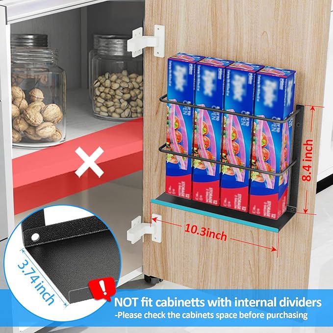 Kitchen Wrap Organizer Door Mount, Aluminum Foil Holder Cabinet Door Organizer Cabinet Storage Basket for Kitchen Wrap/Food Bag Storage, Black