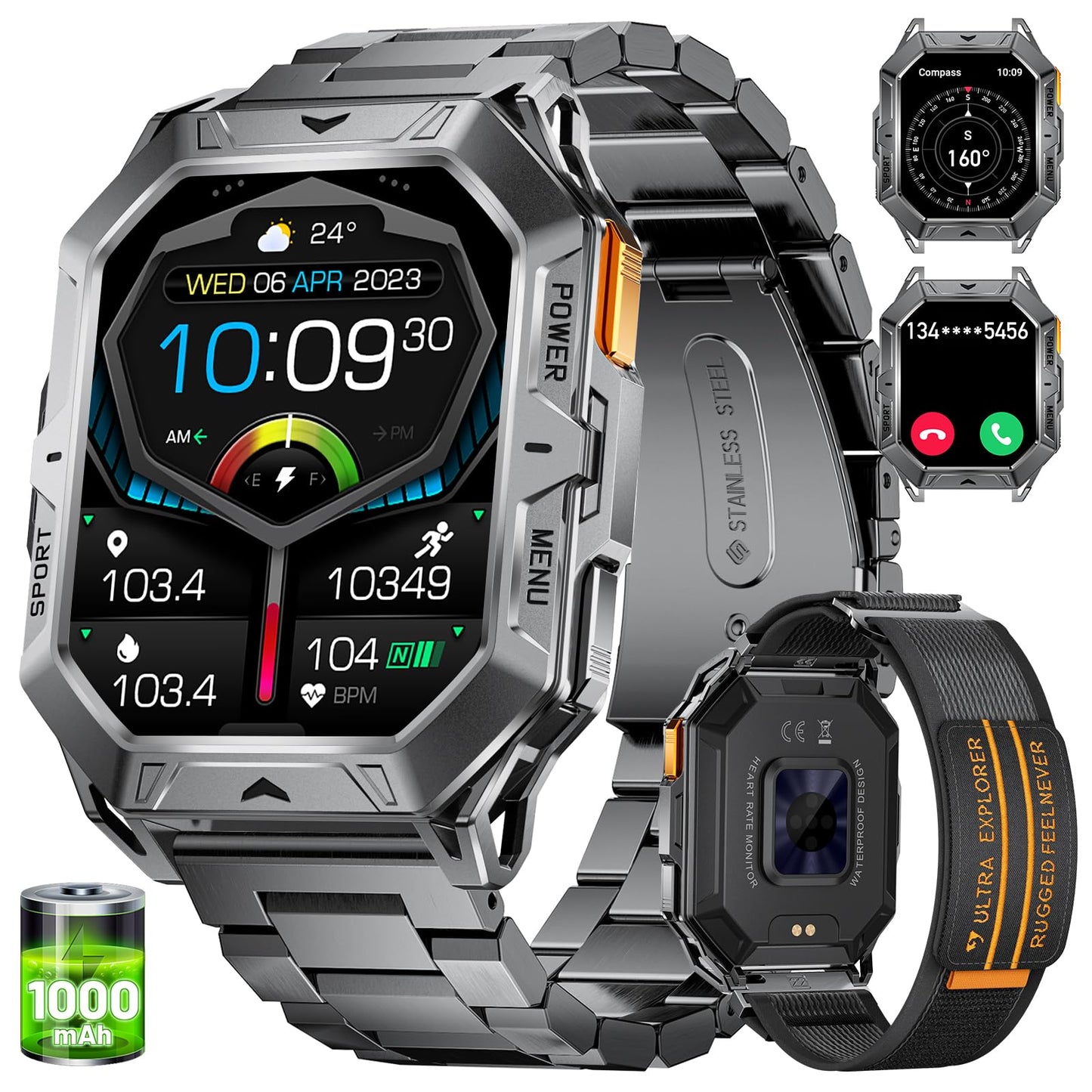 LIGE Smart Watch with 1000 mAh Battery, 2.13" AMOLED Full Touch Screen Military Smart Watches for Men with Make/Answer Call/110 Sports Modes/5ATM Waterproof Watch/Sleep Monitor, iOS Android
