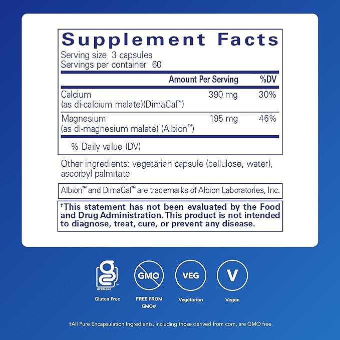 Pure Encapsulations Cal/Mag (Malate) 2:1 - Calcium & Magnesium (Malate) - Bone Health Supplement* - Optimal Absorption - Vegan & Gluten Free - 180 Capsules