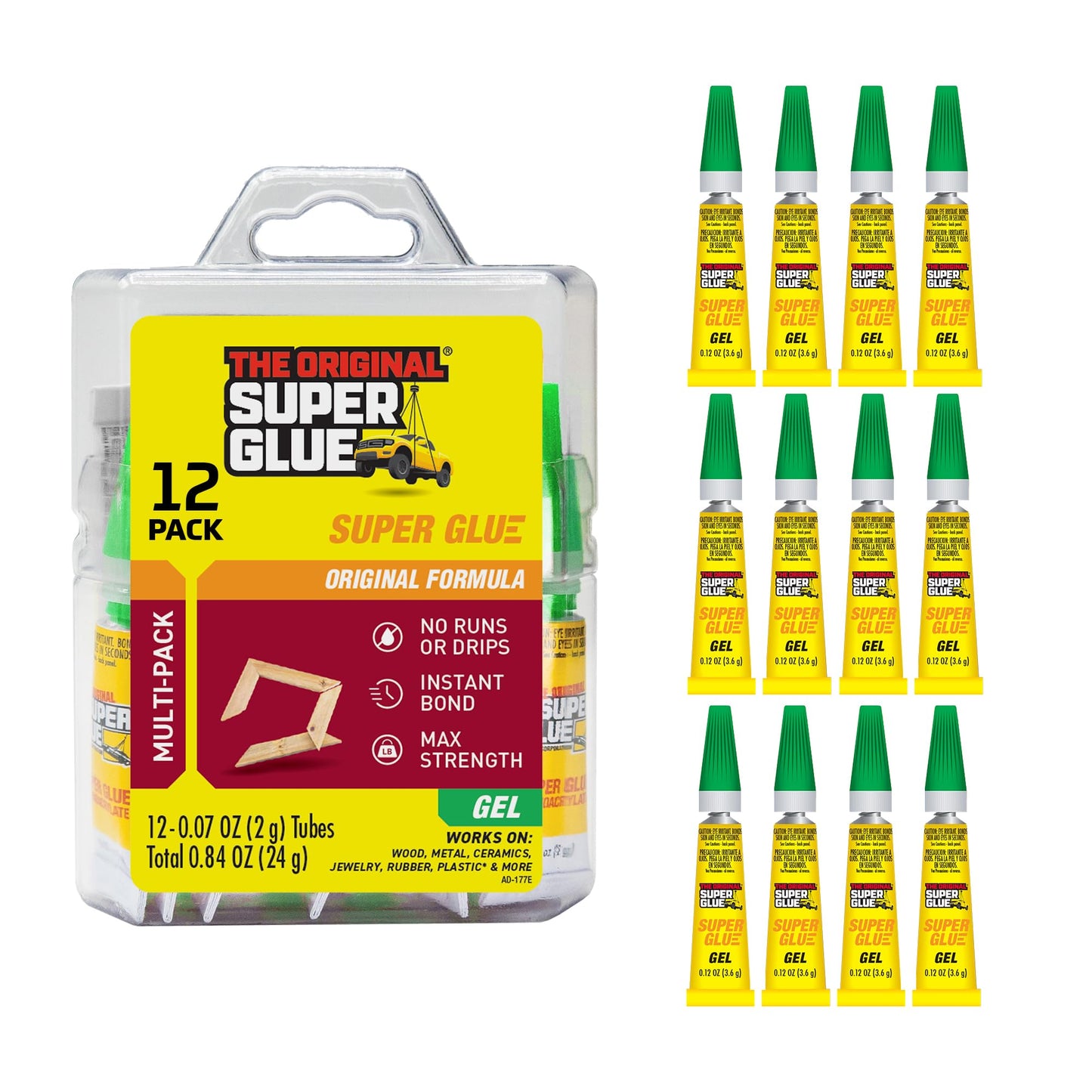 Super Glue Gel, 2 Gram Tubes, 12-Pack, Clear, Instant Bonding, Fast Dry, Cyanoacrylate Adhesive, Precision Tip for Wood, Metal, Plastic, Crafts, Ceramic, and Toy Repairs