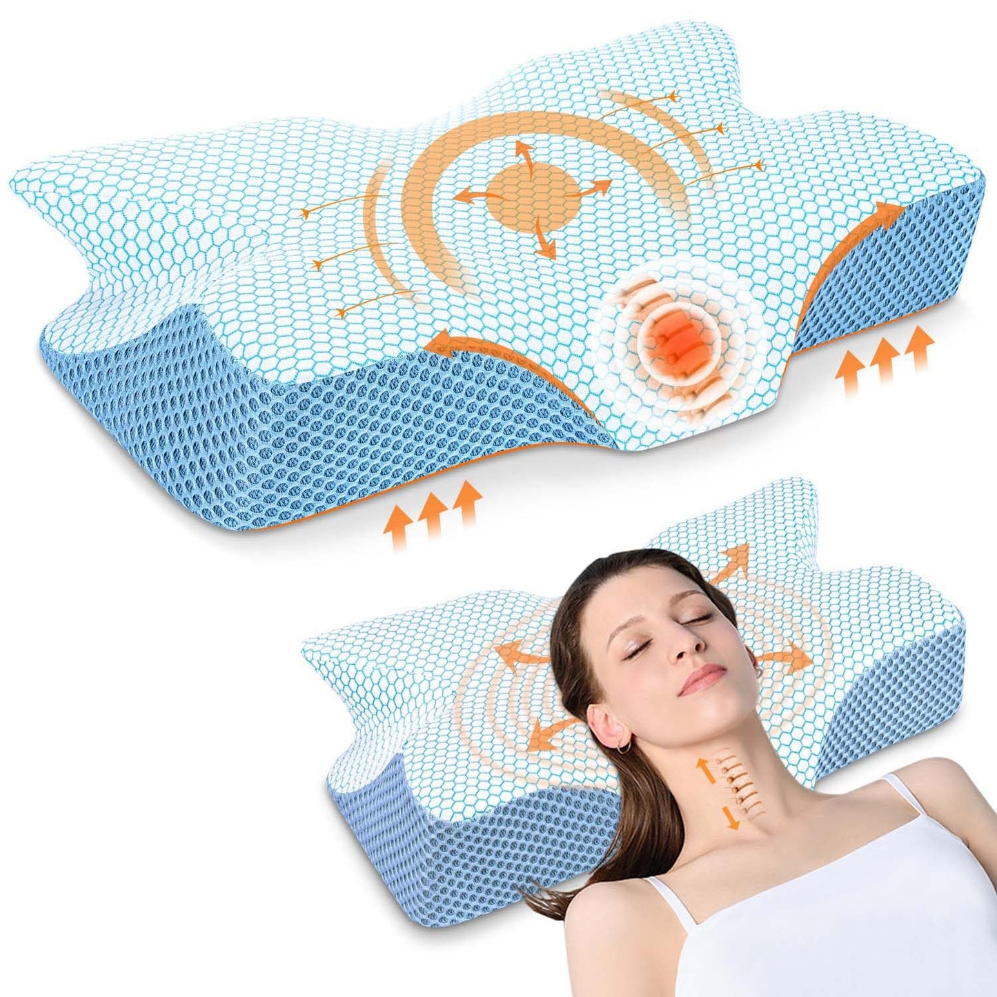 Anvo Cervical Neck Pillow for Neck and Shoulder Pain - Memory Foam Pillows for Pain Relief Sleeping, Contour Orthopedic for Side Back Stomach Sleeper, Blue Firm