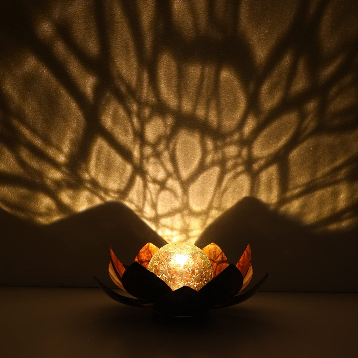 QZHP Outdoor Solar Lights,  le Glass Globe, Waterproof Metal Lotus, Copper, Model HP001