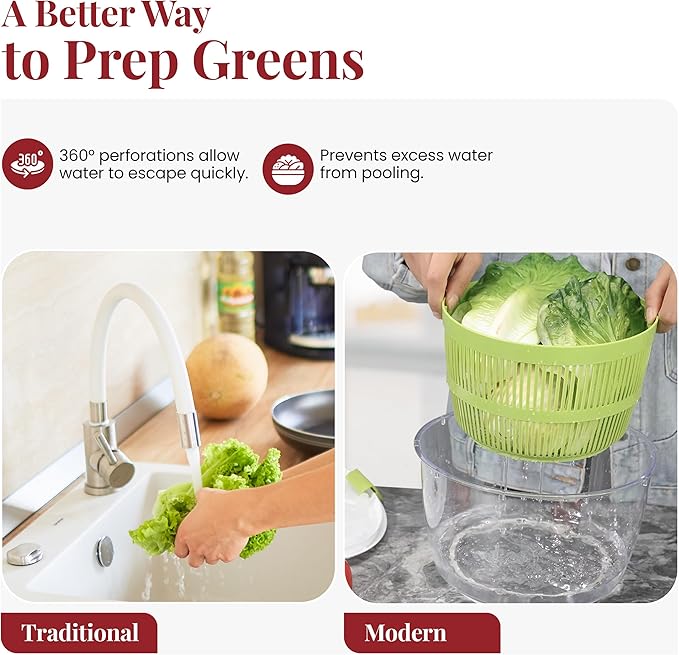 DoubleWave Salad Spinner | Spin & Dry Fruits, Vegetables & Greens Fast | Lettuce Washer with Dual Drain Holes | BPA-Free, Easy to Clean | 5.3 Quart Large Capacity
