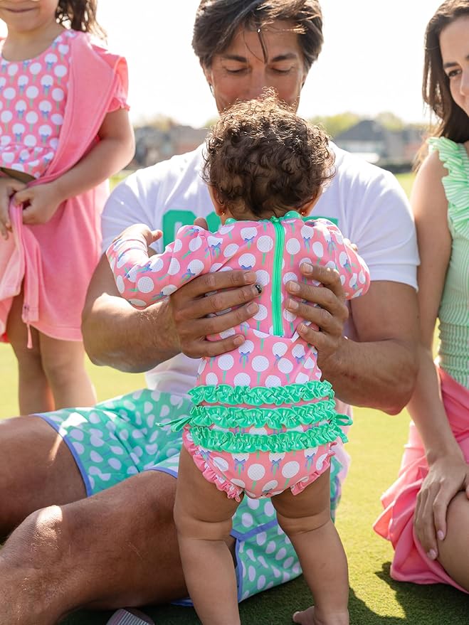 RuffleButts Baby Girls UPF 50+ Sun Protection Novelty Print Long Sleeve One Piece Rash Guard Swimsuit with Zipper