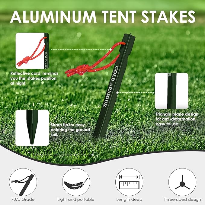 Gold Armour Tent Stakes - 12 Pack Heavy Duty, Lightweight, Camping Stakes Pegs for Outdoor Tent and Tarp, Essential Camping Gear Equipment Accessories (Green)