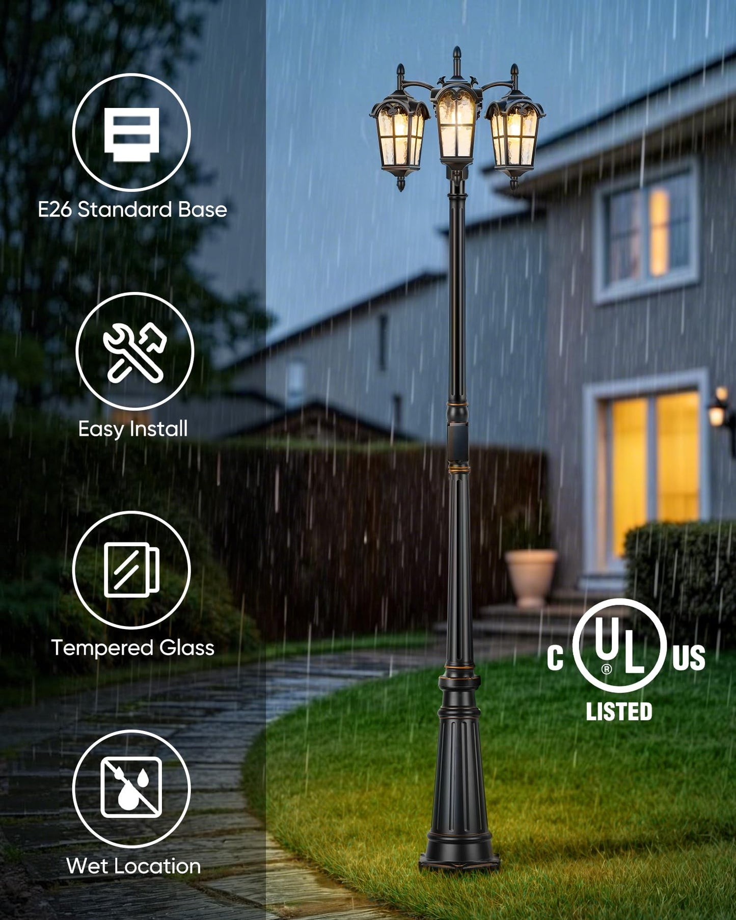 PARTPHONER Vintage Dusk to Dawn Outdoor Lamp Post, Triple Head, Waterproof, Black with Gold Trim, Model PAPO080AB1