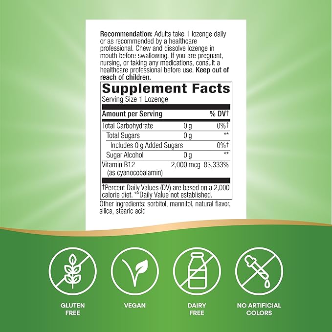 Nature’s Way Vitamin B-12 Lozenges, 2,000 mcg Vitamin B12 per Lozenge, Supports Cellular Energy & Nerve Function*, No Gluten, Vegan, Cherry Flavored, 100 Count (Packaging May Vary)