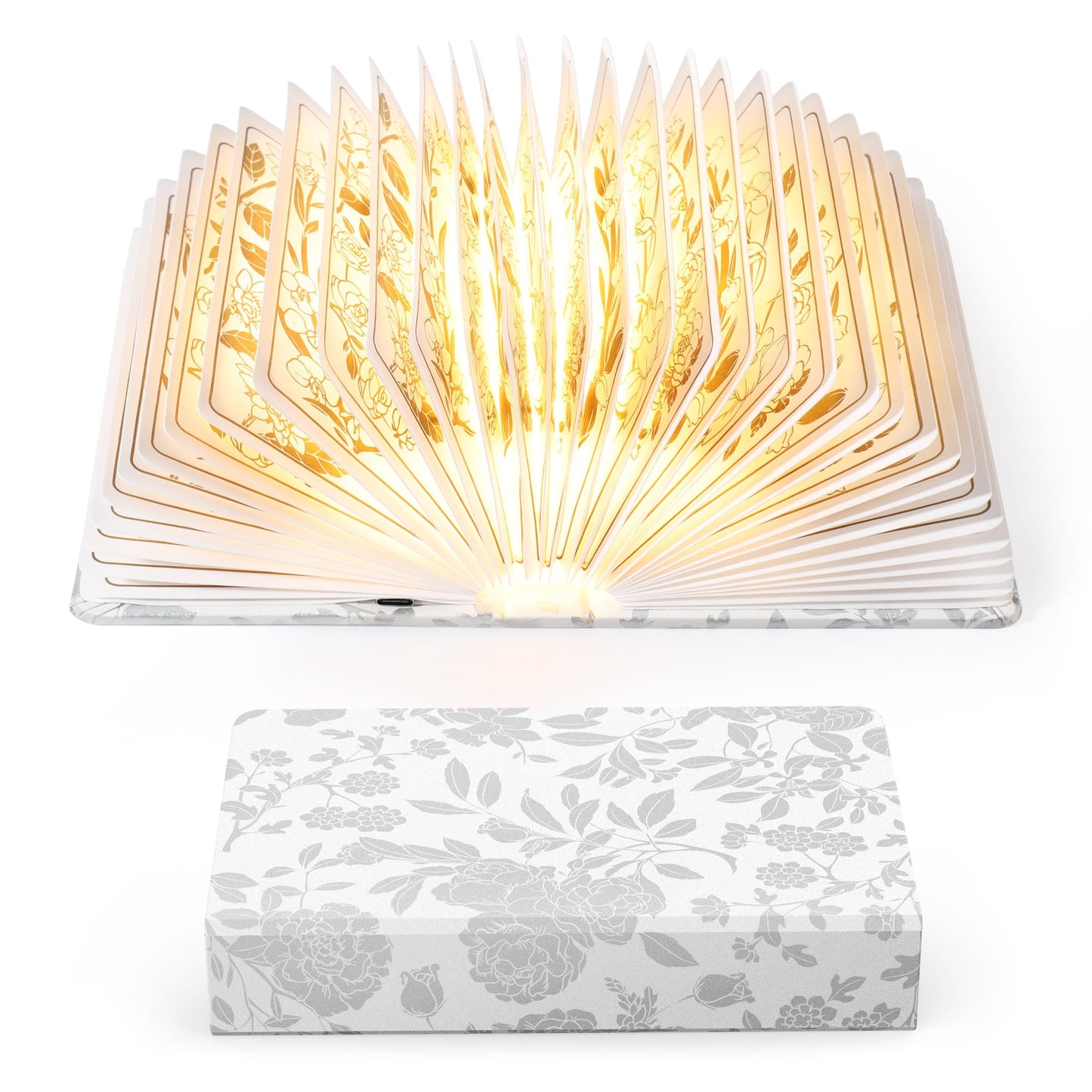 ZBOLE Floral Print Book Light,3-Color Book Lamp Book Lovers Gifts | 1200mAh Portable Foldable Paper Desk Lamp | Night Reading Bookshelf Lamp, Gifts for Women Birthday Ambient Lighting(White Silver)