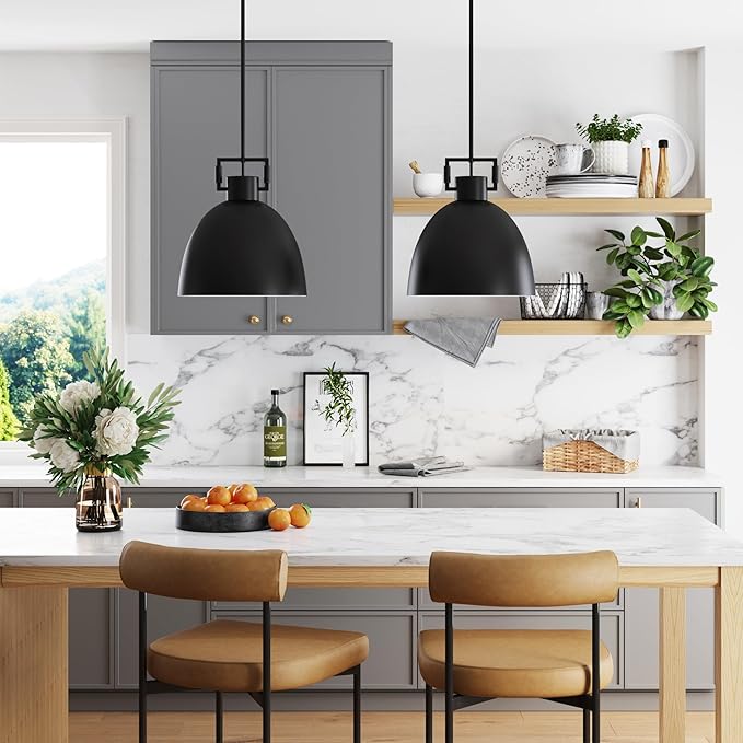 Nathan James Leigh Pendant Lighting, Hanging Ceiling Light with Oversized Metal Shade and Adjustable Cord, for Kitchen Island or Entryway, Matte Black, Set of 2